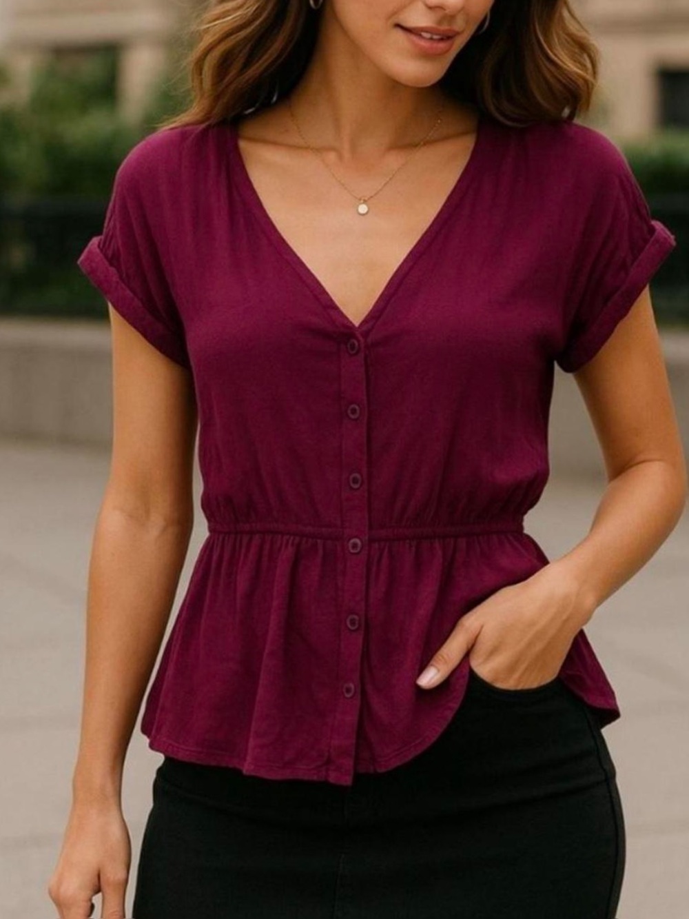 Derek Heart Burgundy V‑Neck Button Front Peplum Blouse